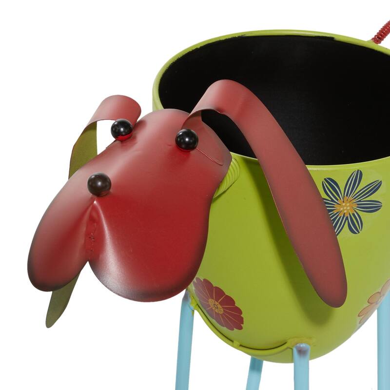 Metal Dog Indoor Outdoor Planter with Floral Pattern Planter - Green - Roche River Decor