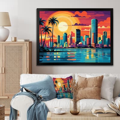 Designart "Pop Art Miami Cityscape I" Cityscapes Framed Canvas Wall Art