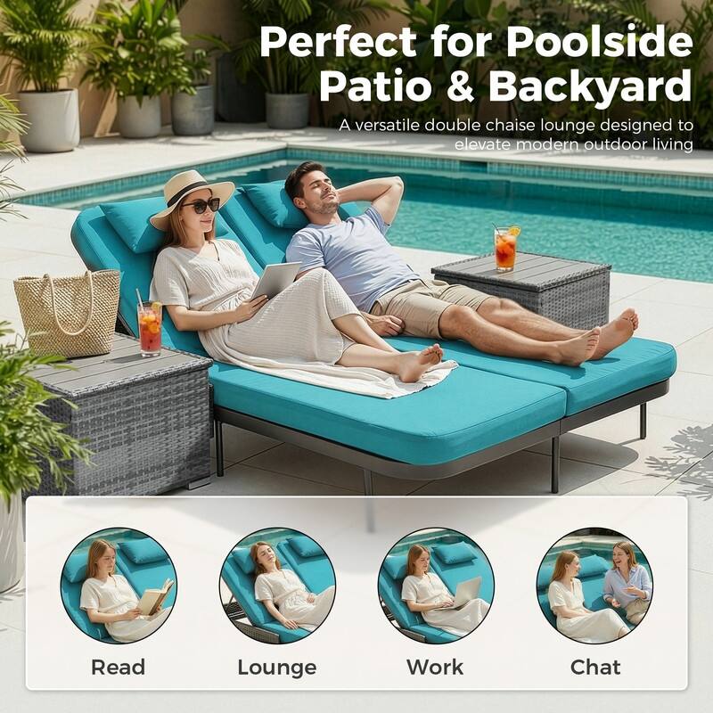 2-Person Outdoor Double Chaise Lounge with 2 Side Tables, Wicker Patio Reclining Daybed, Adjustable Backrests, 800 lb Capacity