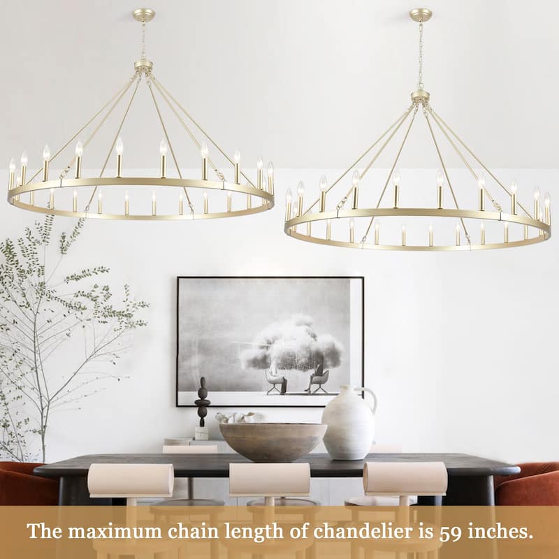 24 - Light 52in. Lagre Dimmable Wagon Wheel Chandelier Farmhouse Round Vintage Candle Style Light - N/A