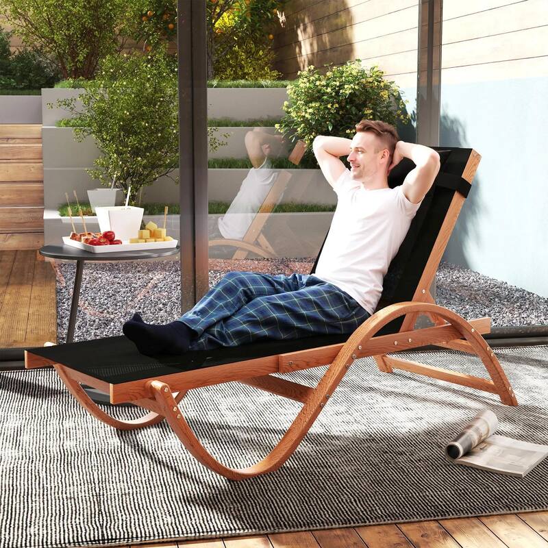 Larch Wood Patio Lounge Chair with 4-Level Adjustable, Mesh Seat - Black