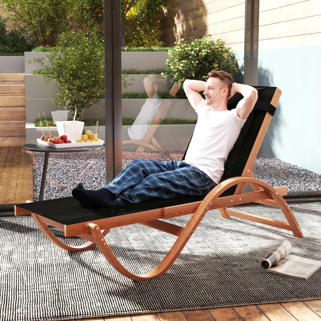 Larch Wood Patio Lounge Chair with 4-Level Adjustable, Mesh Seat