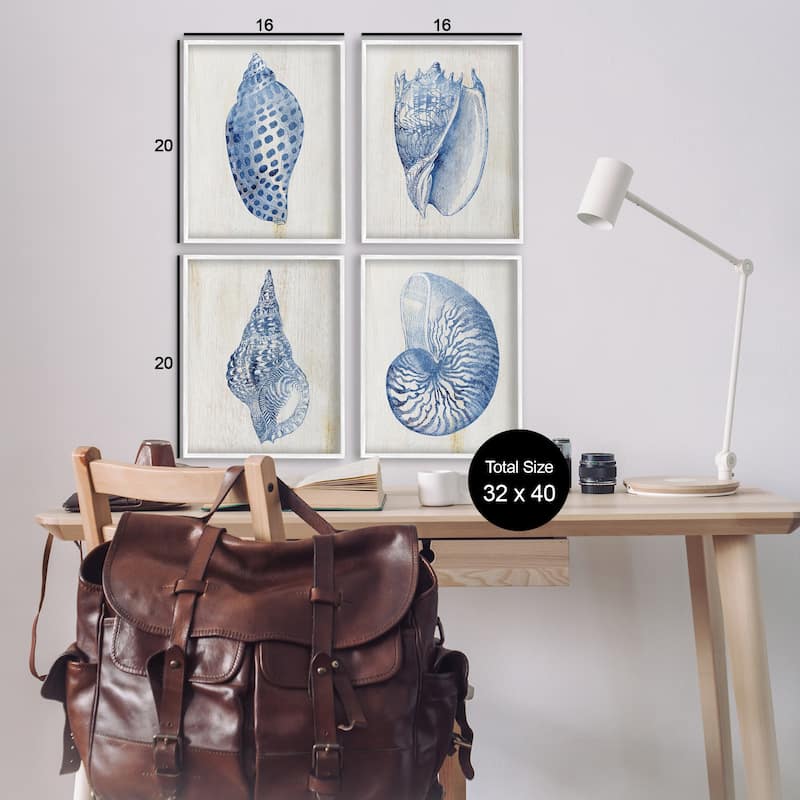 Stupell Blue Seashells on Beige Framed Giclee Art Design By Susan Arnot (Set of 4)