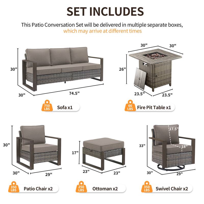 Pocassy 4/6/8PCS Sofa Swivel Chair with Fire Pit Table Set