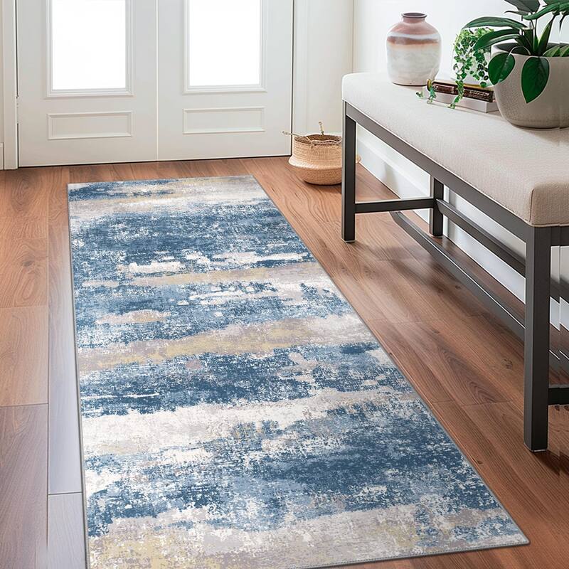Mcow Modern Abstract Blue & Cream Low-Pile Area Rug