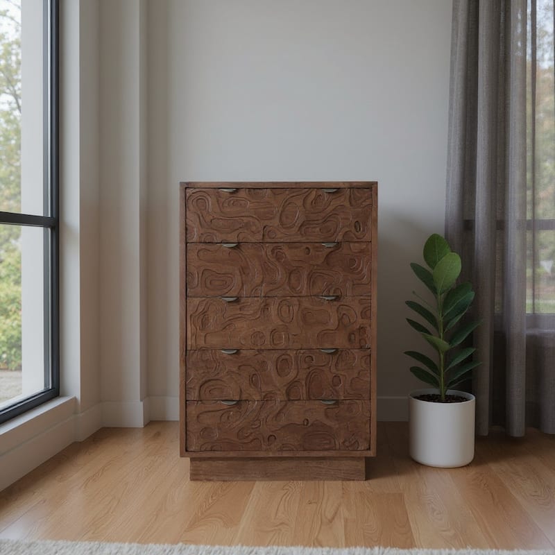 HomeRoots 35" Brown Carved Abstract Solid Wood Five Drawer Dresser - Brown - 5-drawer