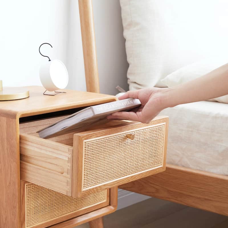 Christopher Knight Home - Maja Solid Oak Nightstand with Handmade Rattan Drawer and Tall Legs, 15.75" Wide Storage Cabinet