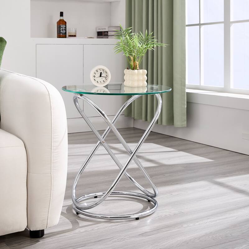 Tempered Glass Round Side/End Table with Metal Legs - 19.7"Dia Top x 21.7"H x 15.6"Dia Base - Silver Leg-Single