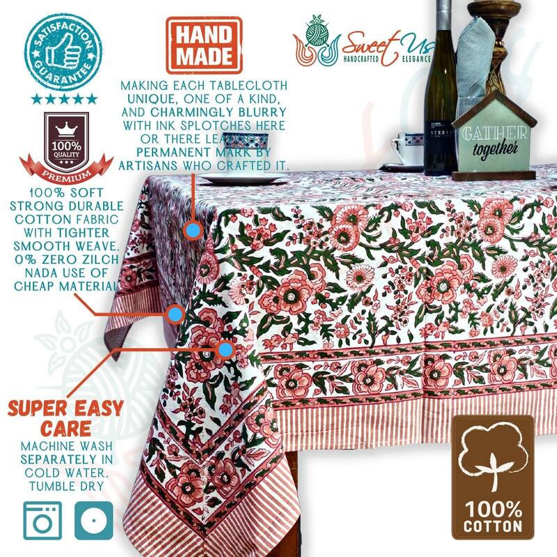 Cotton Floral Block Print Tablecloth Collection - 60 x 90 inches - Rose Pink