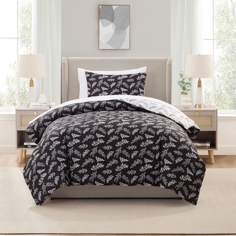 Empyrean 7 Pc Botanical Comforter Set with Sheets, Soft Breathable Lightweight Bedding Bag - Jet Black/Optical White - Twin