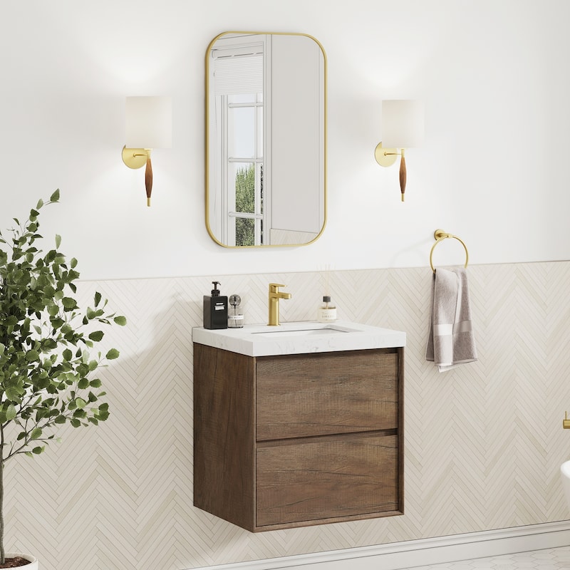 Sylphar 24 inch Bathroom Vanity with Sink, Floating Oak Cabinet with Stone Top