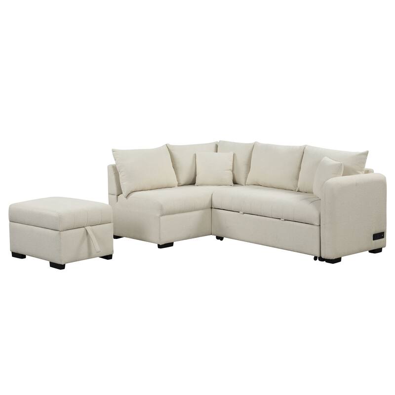 L-Shaped Sectional Sofa with Pull Out Sofa Bed & Storage Ottoman, Convertible Sleeper Sofa with USB Ports & Power Sockets