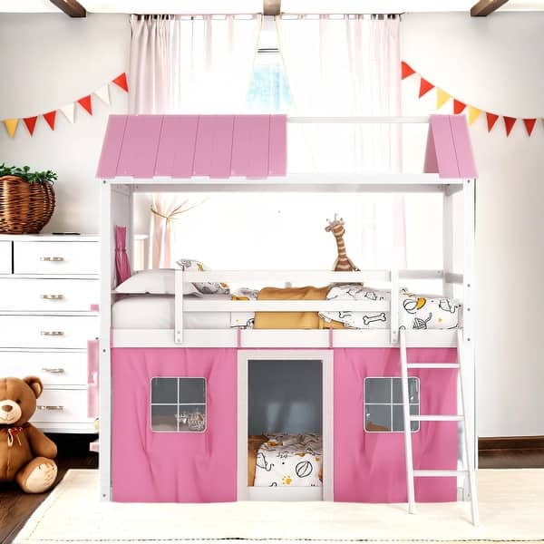 slide 2 of 13, Twin Size House Shaped Bunk Beds With Bed Curtains Pink