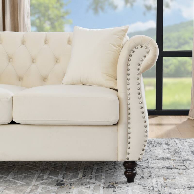 58.8" Chesterfield Sofa Beige Velvet for Living Room, 2 Seater Sofa Tufted Couch with Rolled Arms and Nailhead