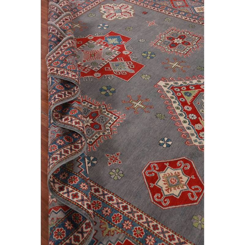 Hand Knotted Oriental 100% Wool Carpet Traditional Geometric Greys & Charcoal Kazak Area Rug - 13' 7'' X 9' 10''