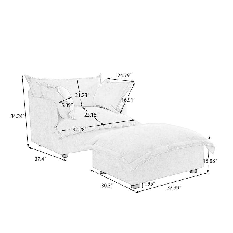 39"W Oversized Chenille Comfy Cloud Chaise Lounge with Ottoman