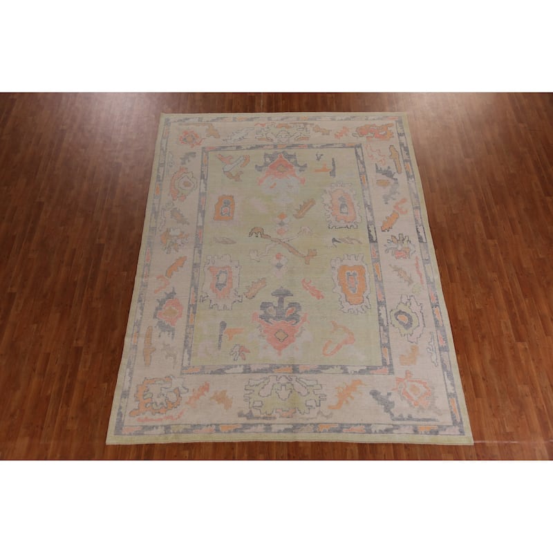 Hand Knotted Oriental 100% Wool Carpet Transitional All-Over Green Oushak Area Rug - 11' 4'' X 8' 8''