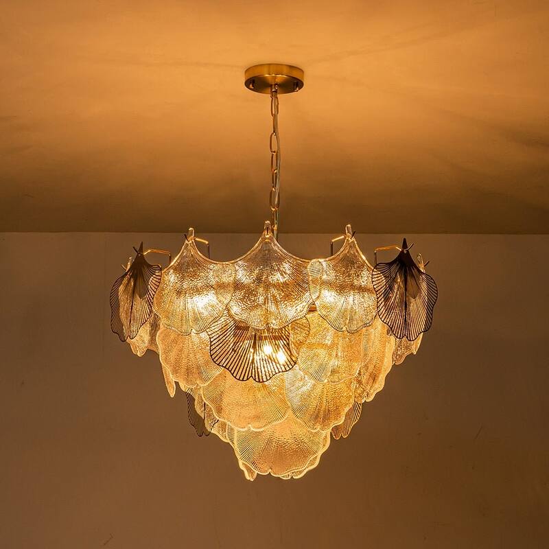 Stylish 8-Light Ginkgo Textured Glass Pendant Chandelier