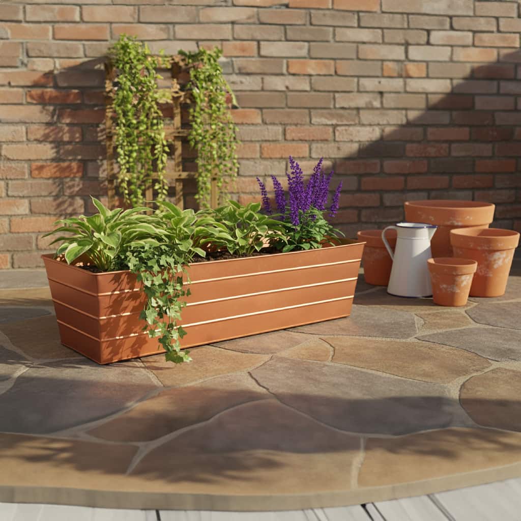 Rectangular Metal Flower Planter Box with Embossed Line Design, Large, Copper