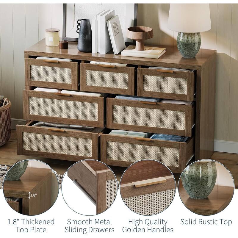 52" Rattan 7-Drawer Boho Dresser TV Stand for Bedroom, Living Room