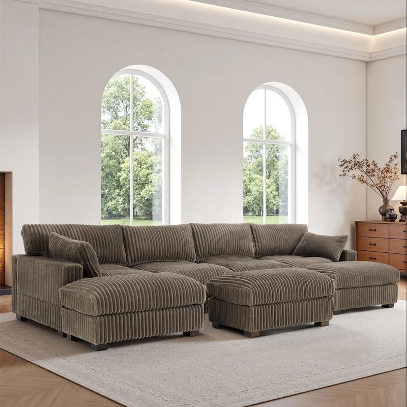 Oversied Plush Corduroy Fabric Modular Sectional Sofa with Chaise, Ottoman - Right Facing - Light Brown-6 Pieces
