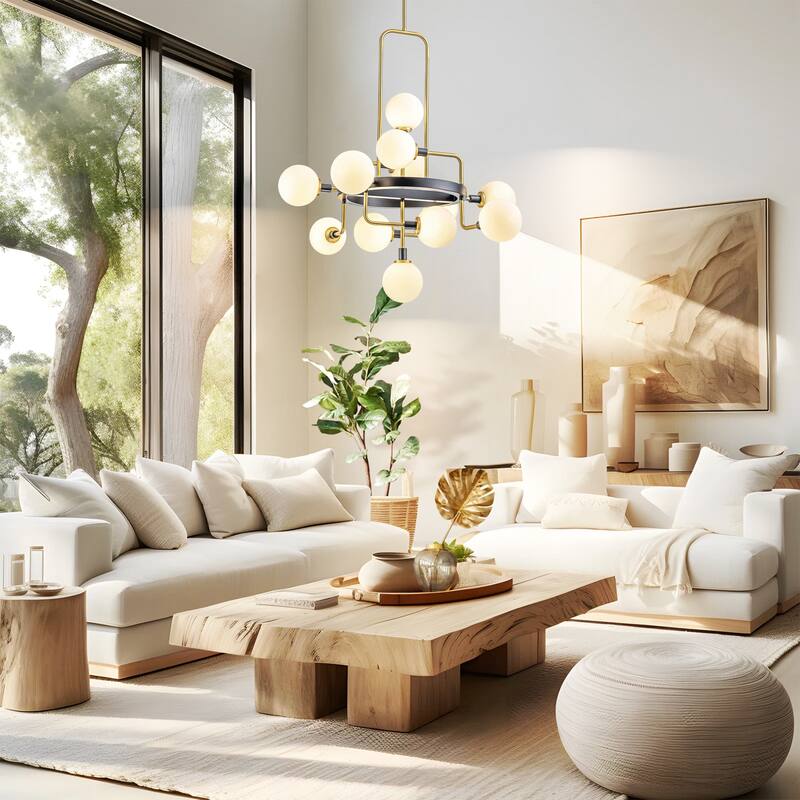 12-Light Modern Glam Geometric Frosted Opal Glass Globe Large Chandelier - 30.71 in. W x 34.25 in. W