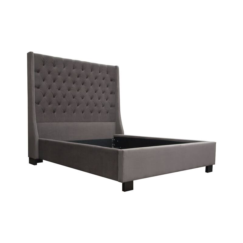 Zoa King Size Bed w Tufted Headboard, Smoke Gray Velvet Upholstery