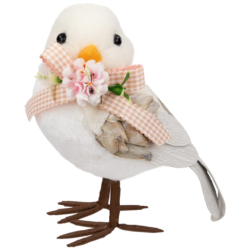 Plush Bird with Gingham Bow Easter Figurine - 7" - Beige