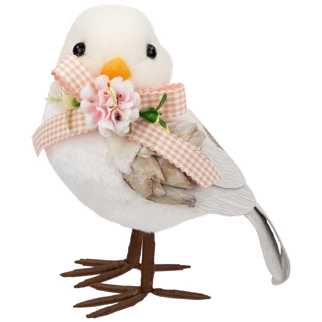 Plush Bird with Gingham Bow Easter Figurine - 7" - Beige