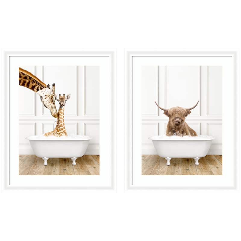 Kate and Laurel Highland Cow & Giraffe in Traditional Bathtub 2 Piece Framed Wall Art Print Set by Amy Peterson - 2 Piece Set 28x35