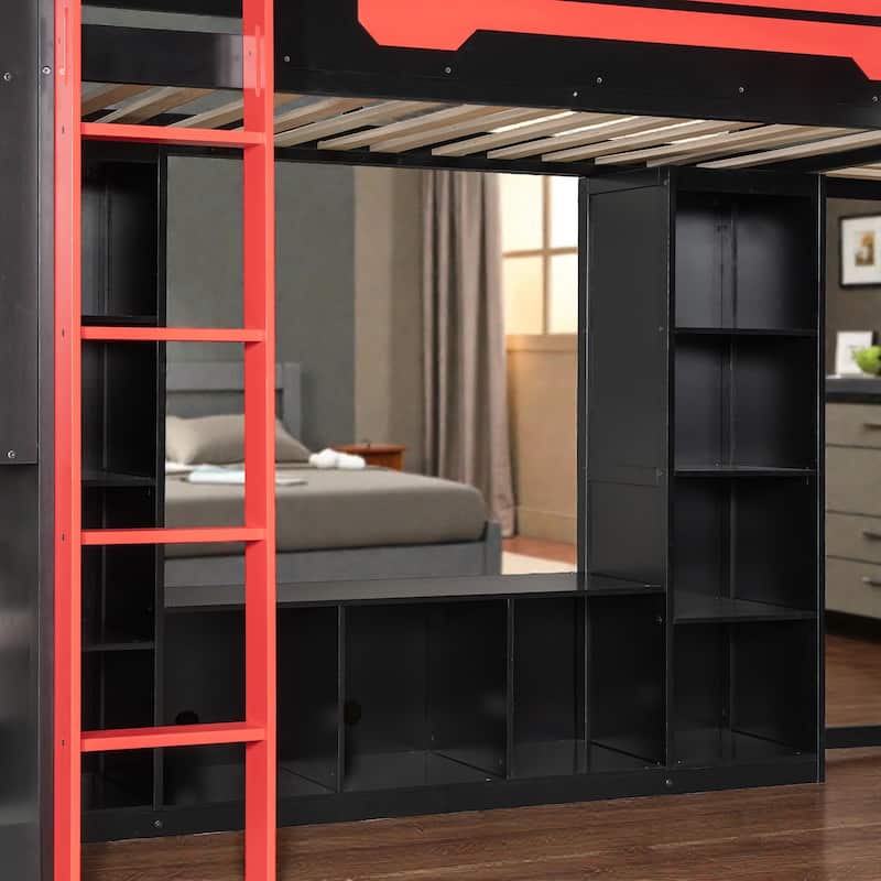 L-Shaped Twin Gaming Bed Frame with RGB LED Lights, USB Ports, TV Stand, Storage Shelves & Reversible Loft Design