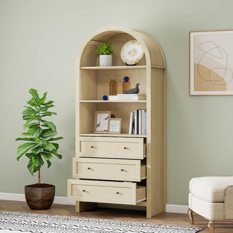 Wood Kitchen Cabinet, Storage Cabinet with Adjustable Shelves, Arched Accent Cabinet with 3 Smooth-Glide Drawers