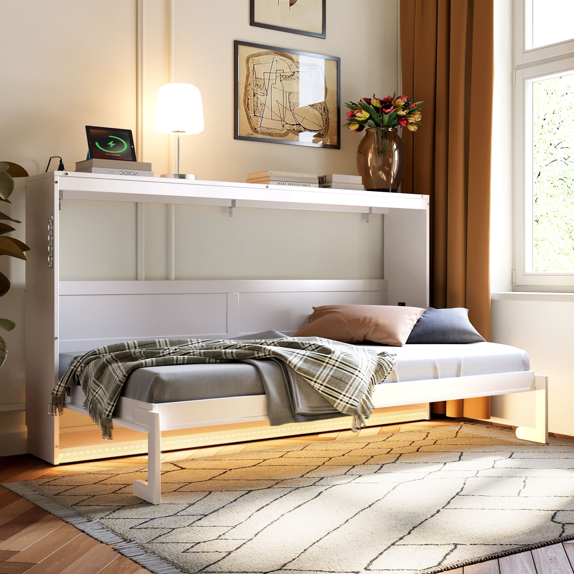 Roomfitters Twin Side-Folding Murphy Bed, Gold Geometric Pattern, Wall Bed with LED & USB Charging For Small Spaces