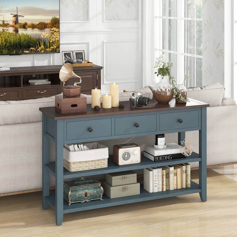 Gymax 50'' Farmhouse Entryway Table w/3 Storage Drawers and 2 Open