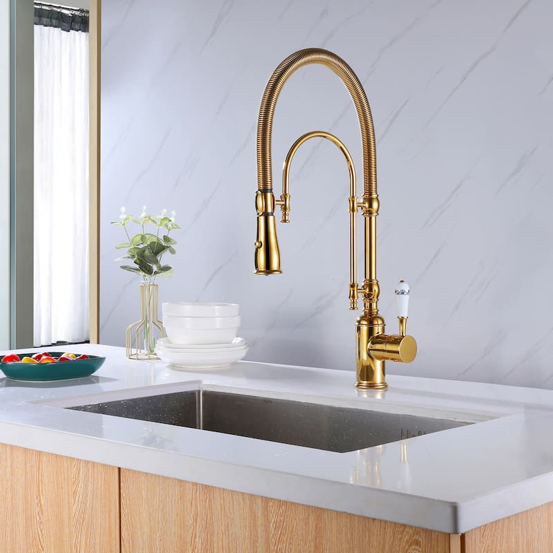 3-Way Brushed Gold 360 Rotary Kitchen Spring-neck Faucet with Pull Down Sprayer