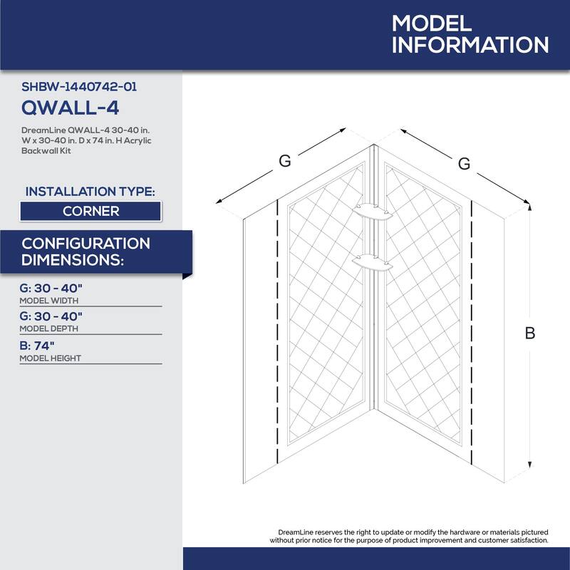DreamLine 36 in. x 36 in. x 76 3/4 in. H Neo-Angle Shower Base and Acrylic Backwall Kit - 36" x 36"
