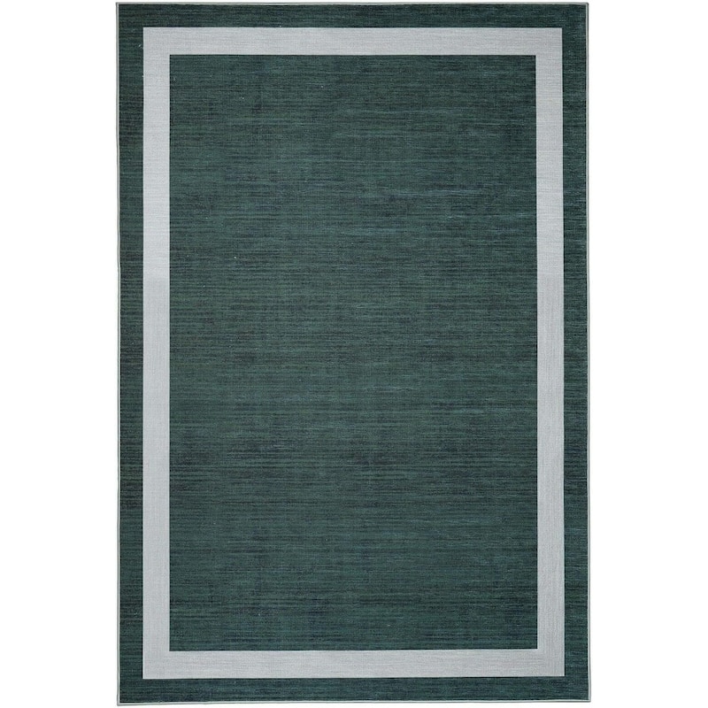 Machine Washable Area Rug With Non Slip Backing - Everest Geometric Modern Border Design - 8'x10' - Green&Crème