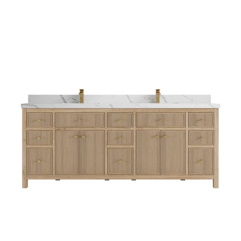Willow Collections 84 in. W x 22 in. D Sonoma Teak Double Sink Bathroom Vanity with Countertop - 2” Calacatta Laza - Distressed Light Graywashed 