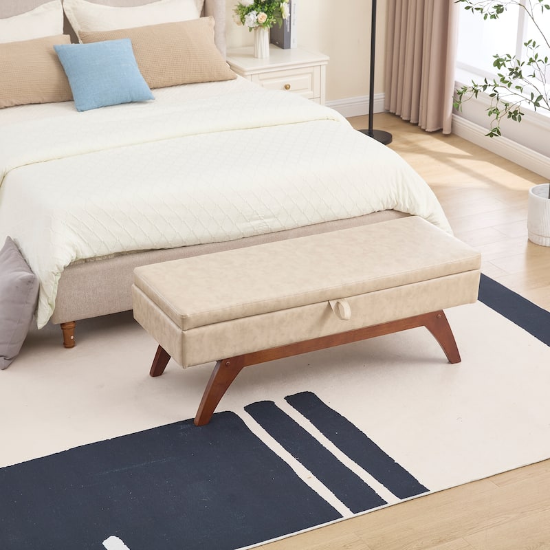 Teddy Fabric Storage Ottoman Bench with Solid Wood Feet - Plush Upholstered Footrest for Bedroom or Living Room - Camel