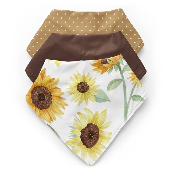 slide 2 of 6, Sunflower Boho Floral Fabric Bandana Baby Bibs 3 Pack Set Yellow Brown Green and White Bohemian Farmhouse Watercolor Flower