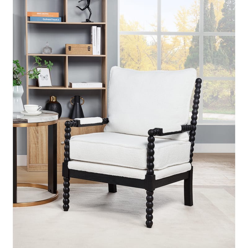 SEYNAR Mid Century Teddy Velvet Fabric Wood Accent Armchair with Cushion - White