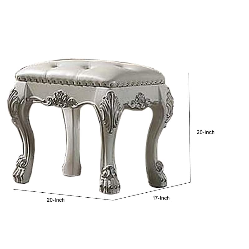 Aurora 20 Inch Carved Wood Vanity Stool, Faux Leather, Claw Feet, White