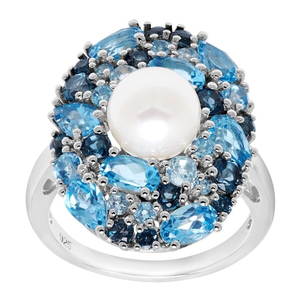 Freshwater Pearl & 3 3/4 ct Natural Blue Topaz Cocktail Ring in Sterling Silver