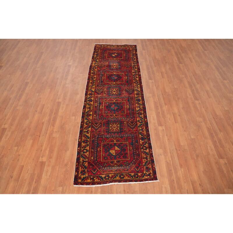Hand Knotted Oriental 100% Wool Carpet Traditional Geometric Red Bakhtiari Runner Rug - 9' 11'' X 3' 1''