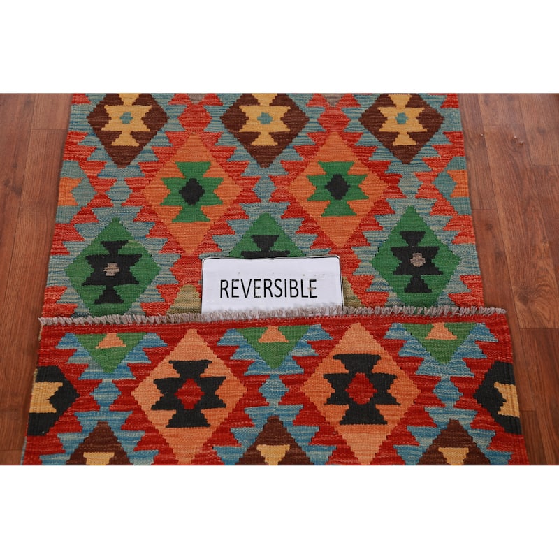 Hand Woven Oriental 100% Wool Carpet Southwestern All-Over Multi-Colored Kilim Runner Rug - 13' 0'' X 2' 7''