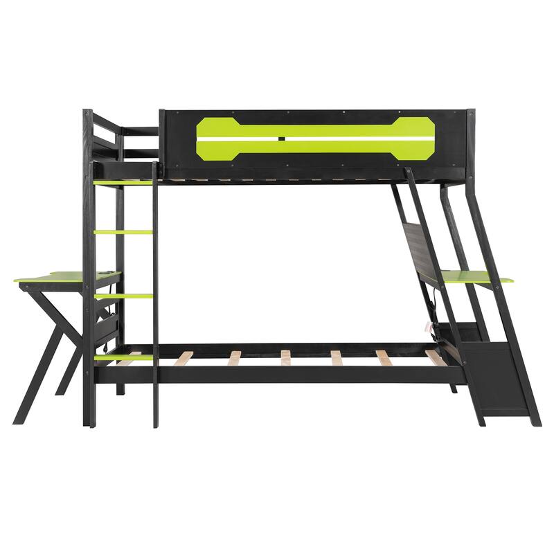 Twin Size Bunk Bed with Two Built-In Gaming Desks, USB Desktop Ports & Pegboard Organizer, Gaming Bunk Frame