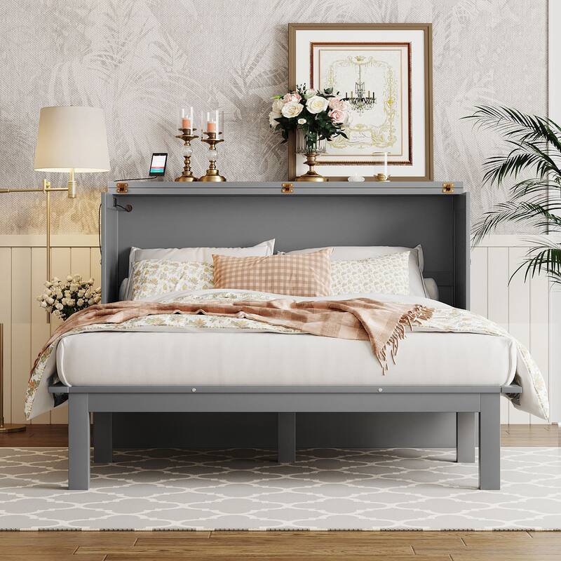 Queen Size Foldable Murphy Bed Convertible Wall Cabinet Bed with USB Ports, Dual Power Outlets and Sliding Side Tables