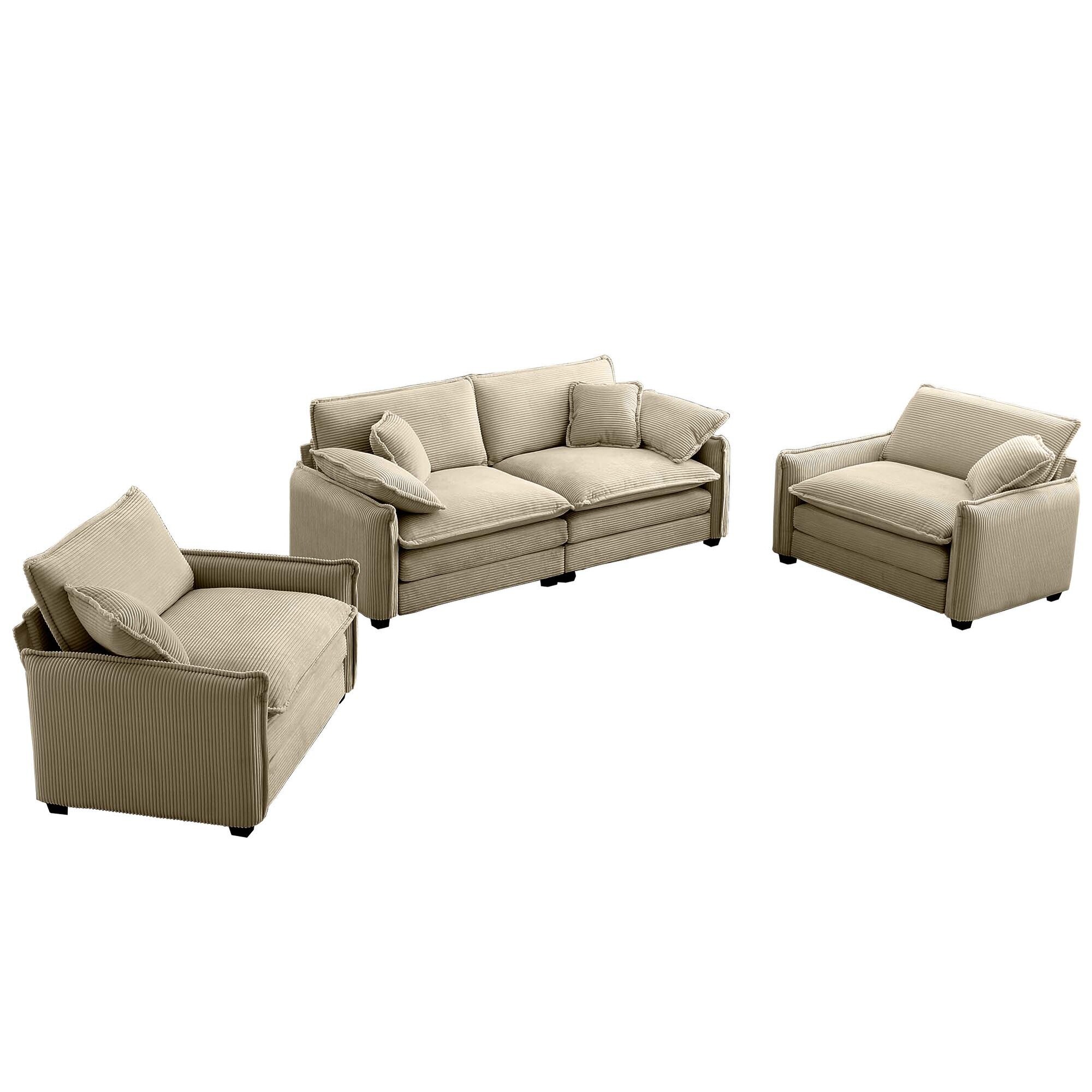 Retro Sofa Set with Corduroy Fabric - 2 Single Sofas \u0026 2-Seater - Bed Bath  \u0026 Beyond - 41153069, image size:2000x2000