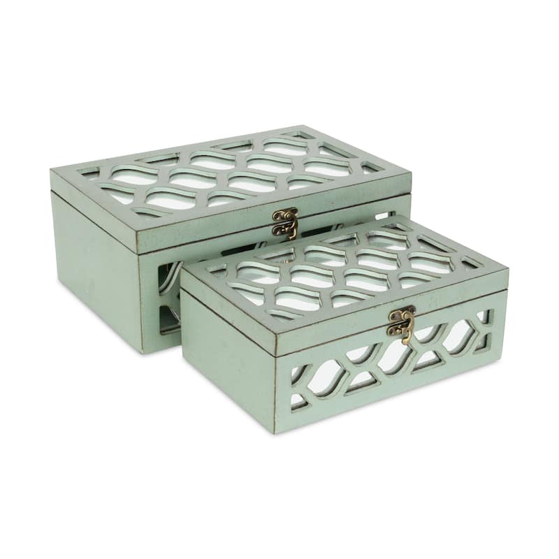 Blue Wood Moroccan Style Mirrored Storage Box (Set of 2)