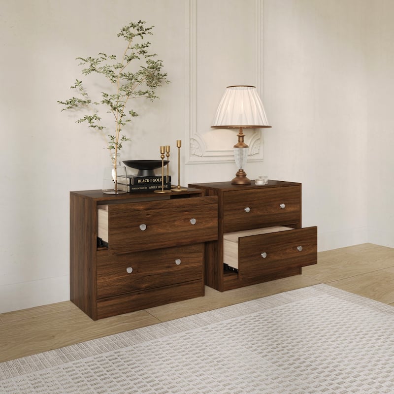 Clayfell Trenton 2-Drawer Nightstand, Set of 2, Modern Side Tables for Bedroom, Brown/Black